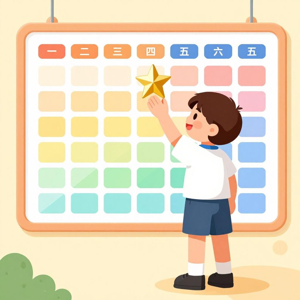 Uno studente che sembra orgoglioso mentre aggiunge una stella d'oro al suo colorato grafico.