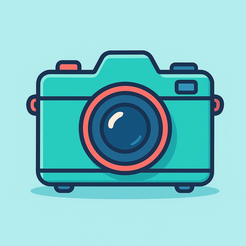 Uma ilustração colorida de uma câmera fotográfica estilo vintage com uma lente grande e um flash em cima.