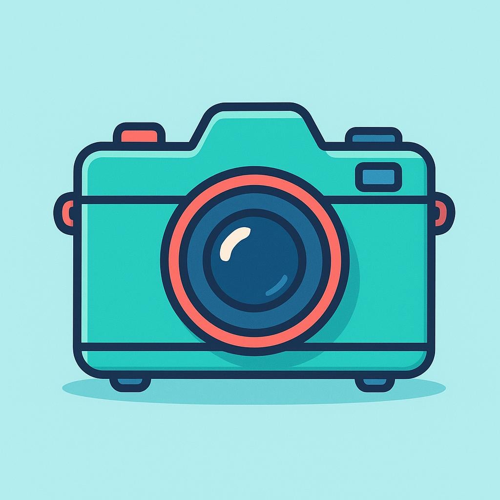 A colorful illustration of a vintage-style photographic camera with a large lens and a flash cube on top.