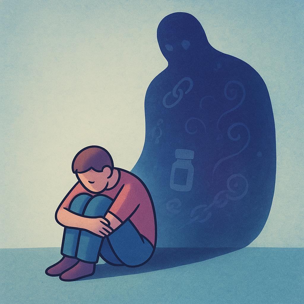 A simplified storybook drawing of a solitary person hunched over, seemingly weighed down or surrounded by a large, dark shape, symbolizing a person struggling with dependence.
