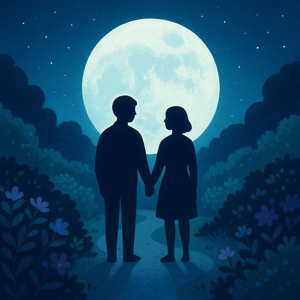 Two figures in silhouette hold hands in a dimly lit, secluded garden under the light of a full moon.