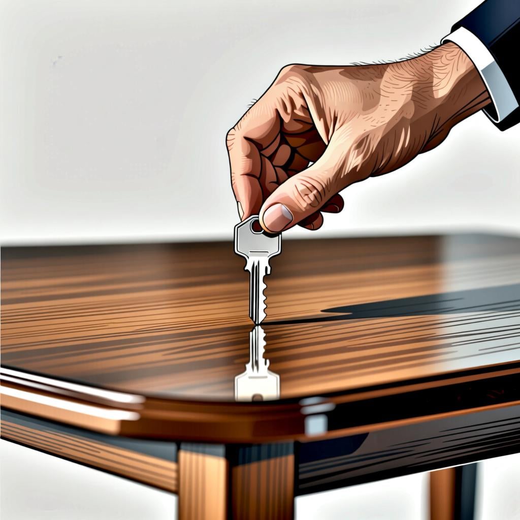 A close-up of a hand placing a single key onto a wooden table surface.