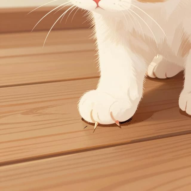 Eine Nahaufnahme der Pfote einer kleinen Katze mit ausgefahrenen Krallen, die eine leichte Spur auf einer Holzoberfläche hinterlassen.