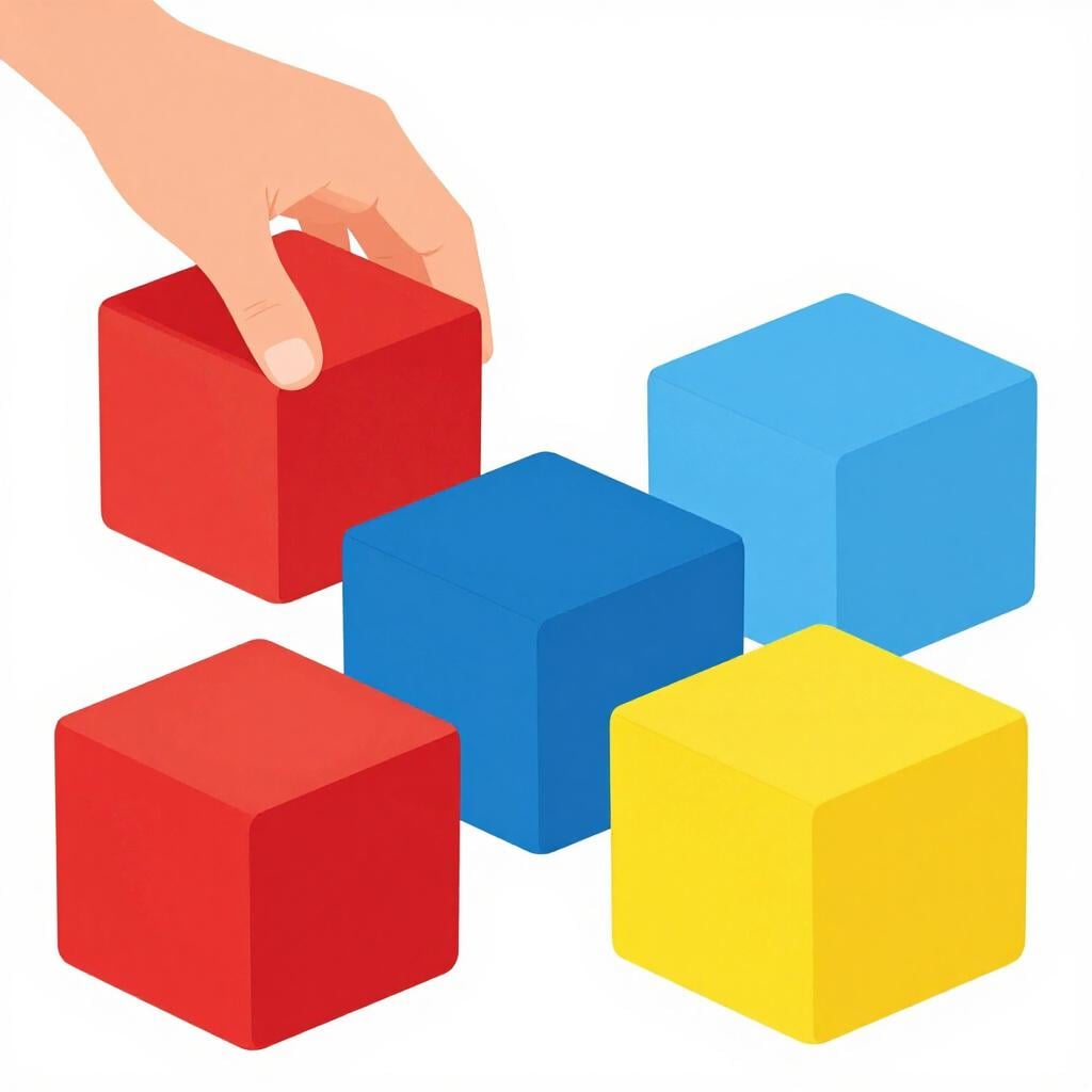 A child sorting different colored wooden blocks into matching colored bins.