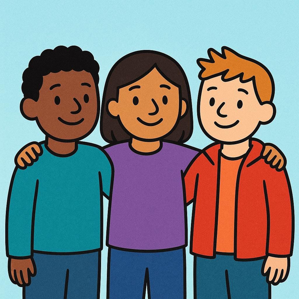 A group of three cartoonish, smiling figures standing side-by-side with arms around each other's shoulders, depicting close friendship.