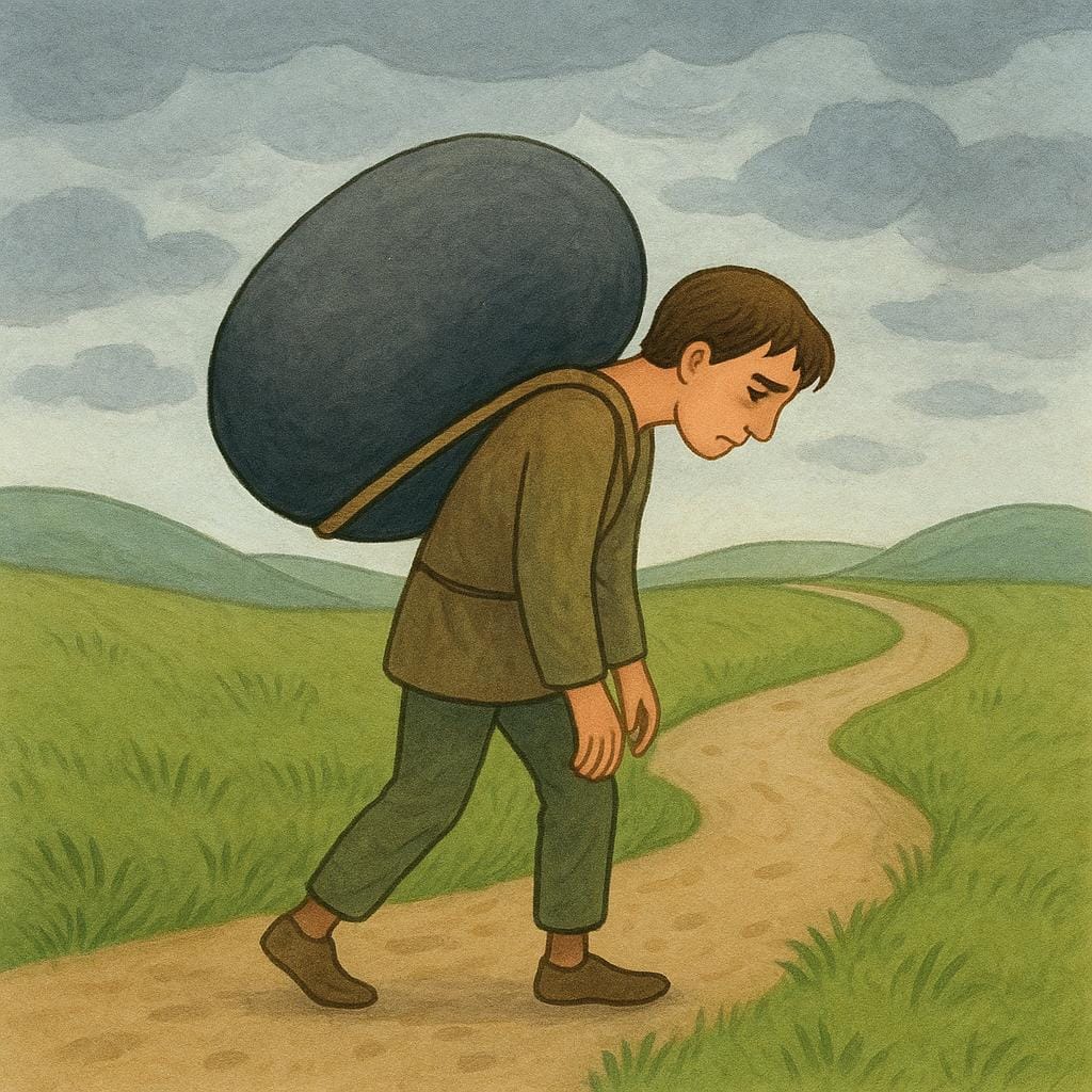 Een vermoeid figuur loopt langzaam op een pad onder een bewolkte hemel, worstelend om een grote, zware, donkere steen op zijn rug te dragen, wat het boeten voor consequenties symboliseert.