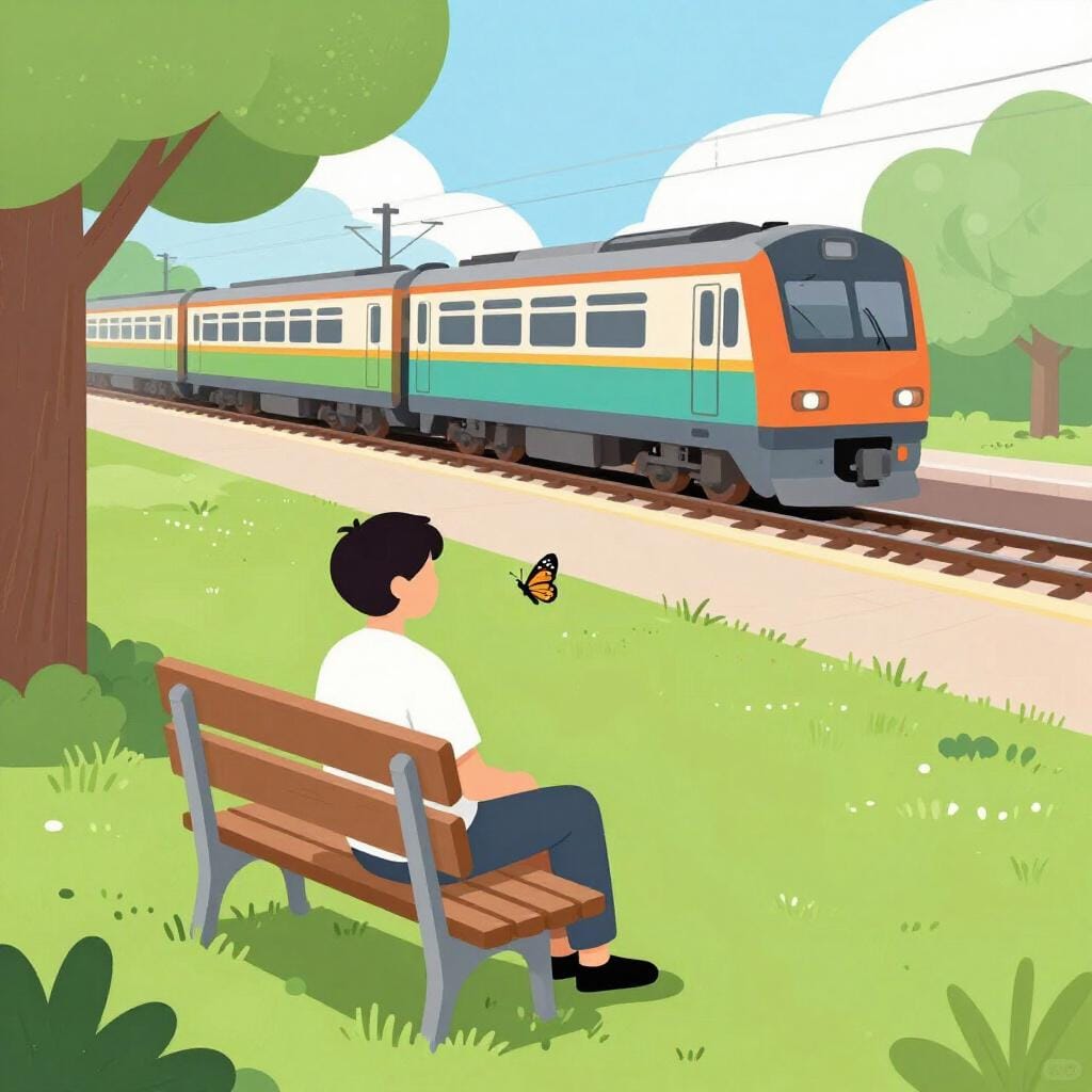 Eine Person sitzt auf einer Parkbank und betrachtet einen Schmetterling, während im Hintergrund ein Zug abfährt.