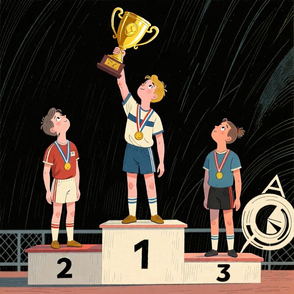 A winner on a first-place podium holding a trophy, representing the concept of 'the best'.