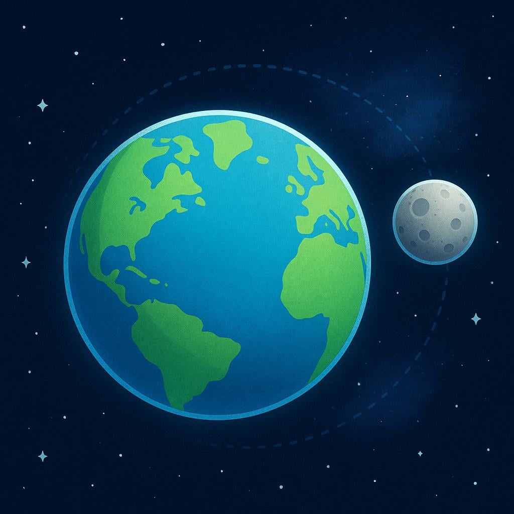 A colorful storybook illustration showing a large blue and green planet in the blackness of space being orbited by a small, gray, cratered moon.