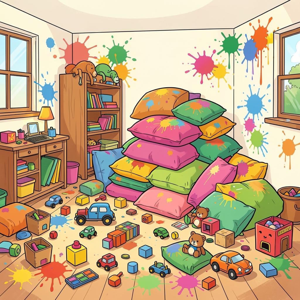 A messy and chaotic room filled with colorful toys, a spilled bucket of paint, and pillows scattered everywhere.