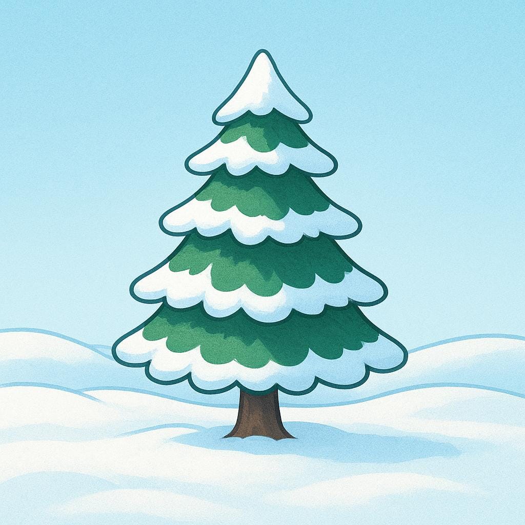 A peaceful illustration showing a solitary evergreen tree coated in fresh snow, symbolizing the winter season.