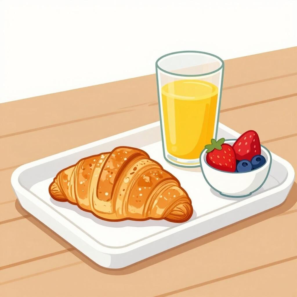 A tray featuring a continental breakfast with a croissant, a glass of orange juice, and a bowl of fruit.