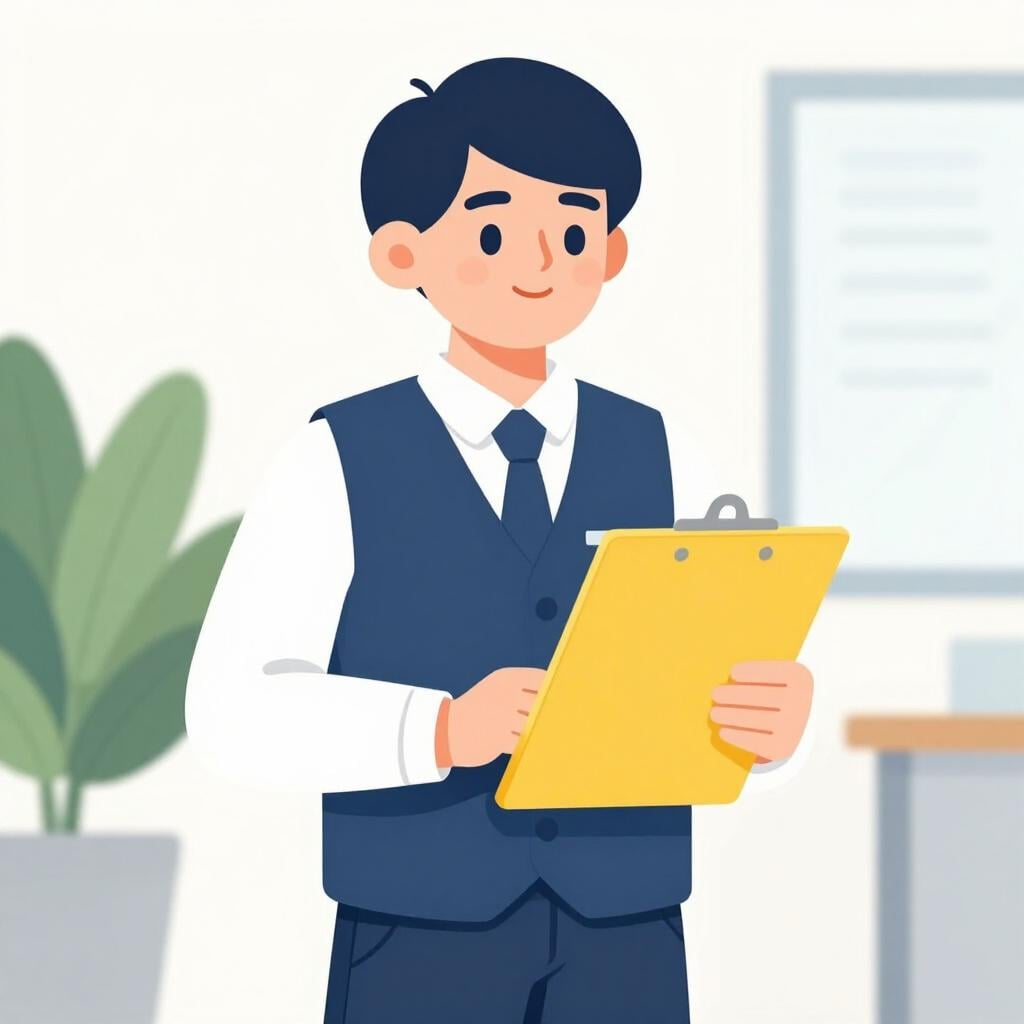 A professional person smiling and holding a clipboard in an office setting.