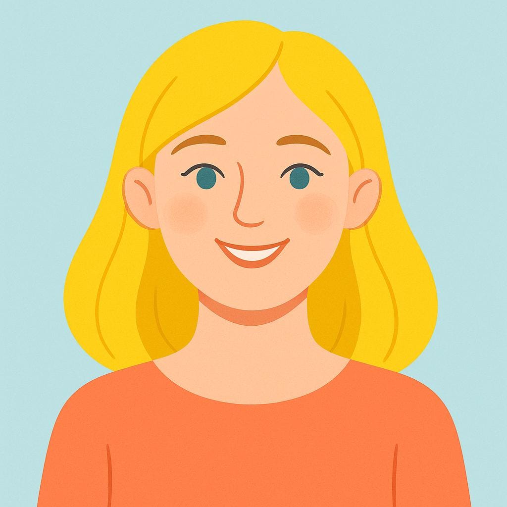 A simple portrait of a smiling woman with bright yellow hair and fair skin.