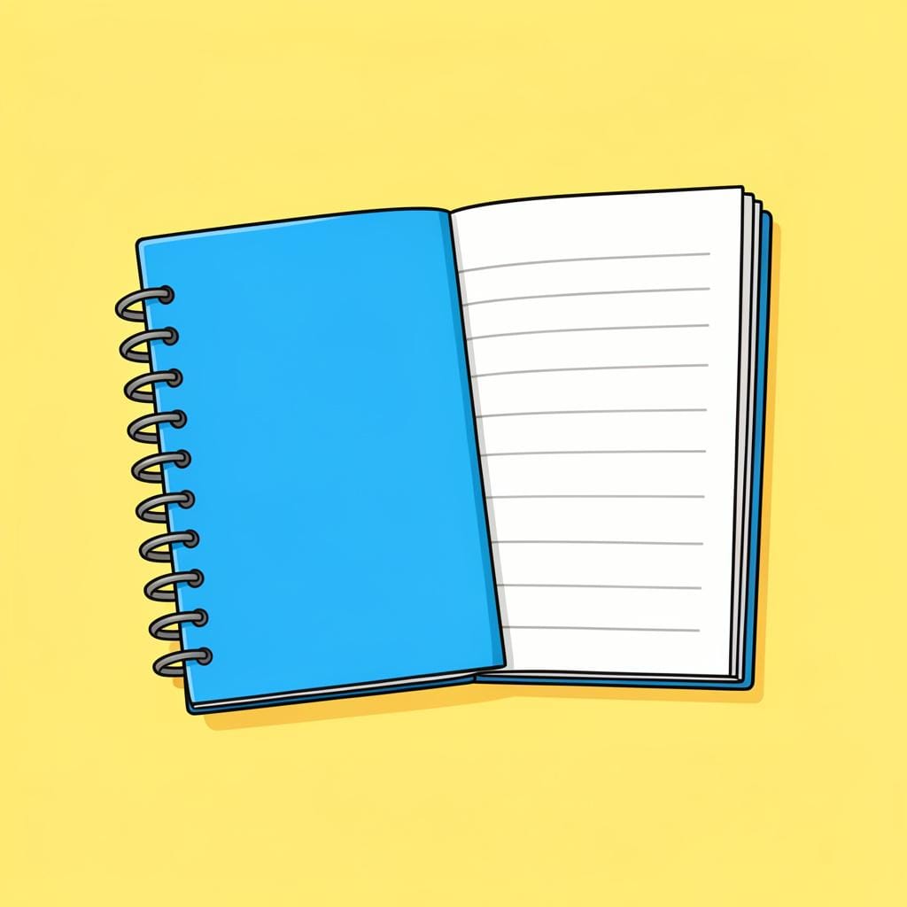 Een kleurrijk spiraalgebonden schrift met gelinieerde pagina's en een felblauwe kaft.