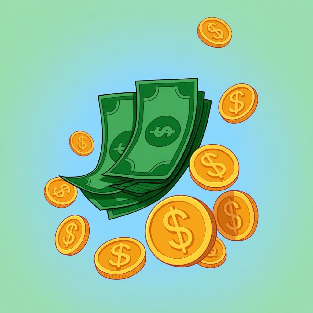 A colorful storybook illustration showing multiple green currency bills floating in the air alongside several shiny gold coins, each marked with a dollar sign symbol, representing money.