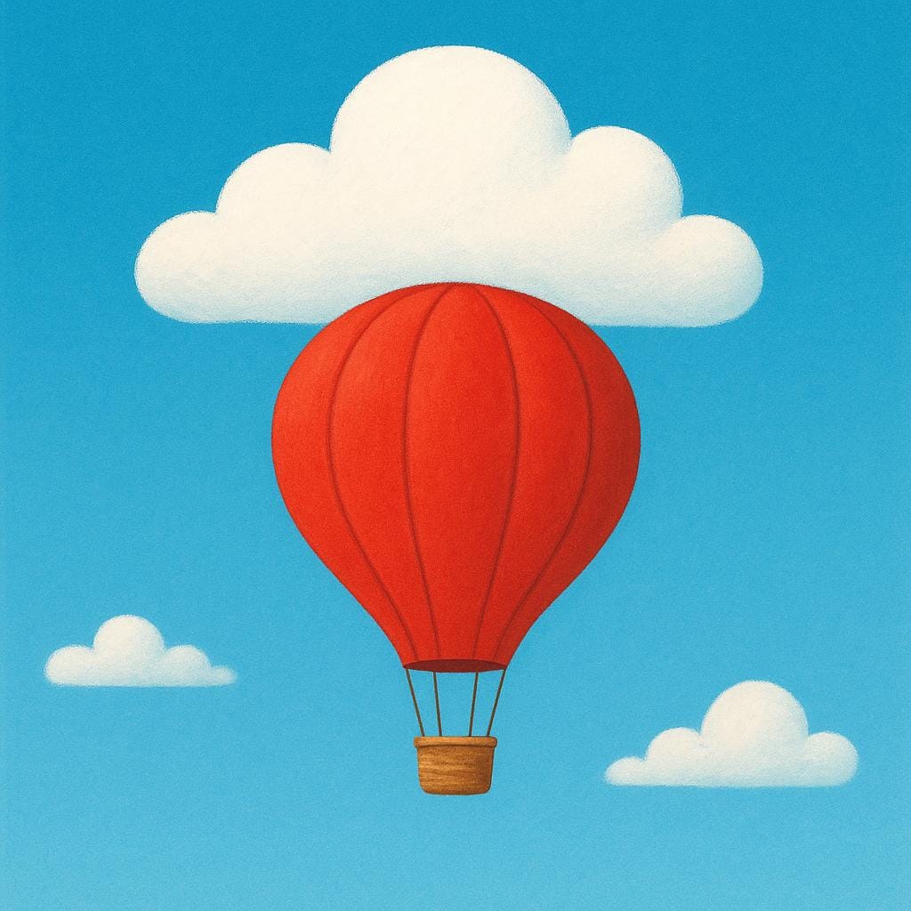 Ein leuchtend roter Heißluftballon berührt die höchste weiße Wolke an einem klaren blauen Himmel und symbolisiert das Erreichen einer Grenze oder eines Zielniveaus.
