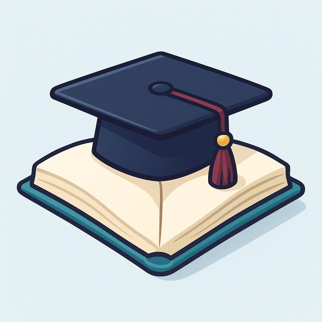 A stylized drawing of a mortarboard cap resting on top of a single, open book, symbolizing academic achievement and course completion.