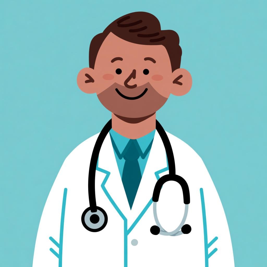 A friendly, smiling man wearing a white medical lab coat and a stethoscope around his neck, standing in a bright, simple clinic environment.