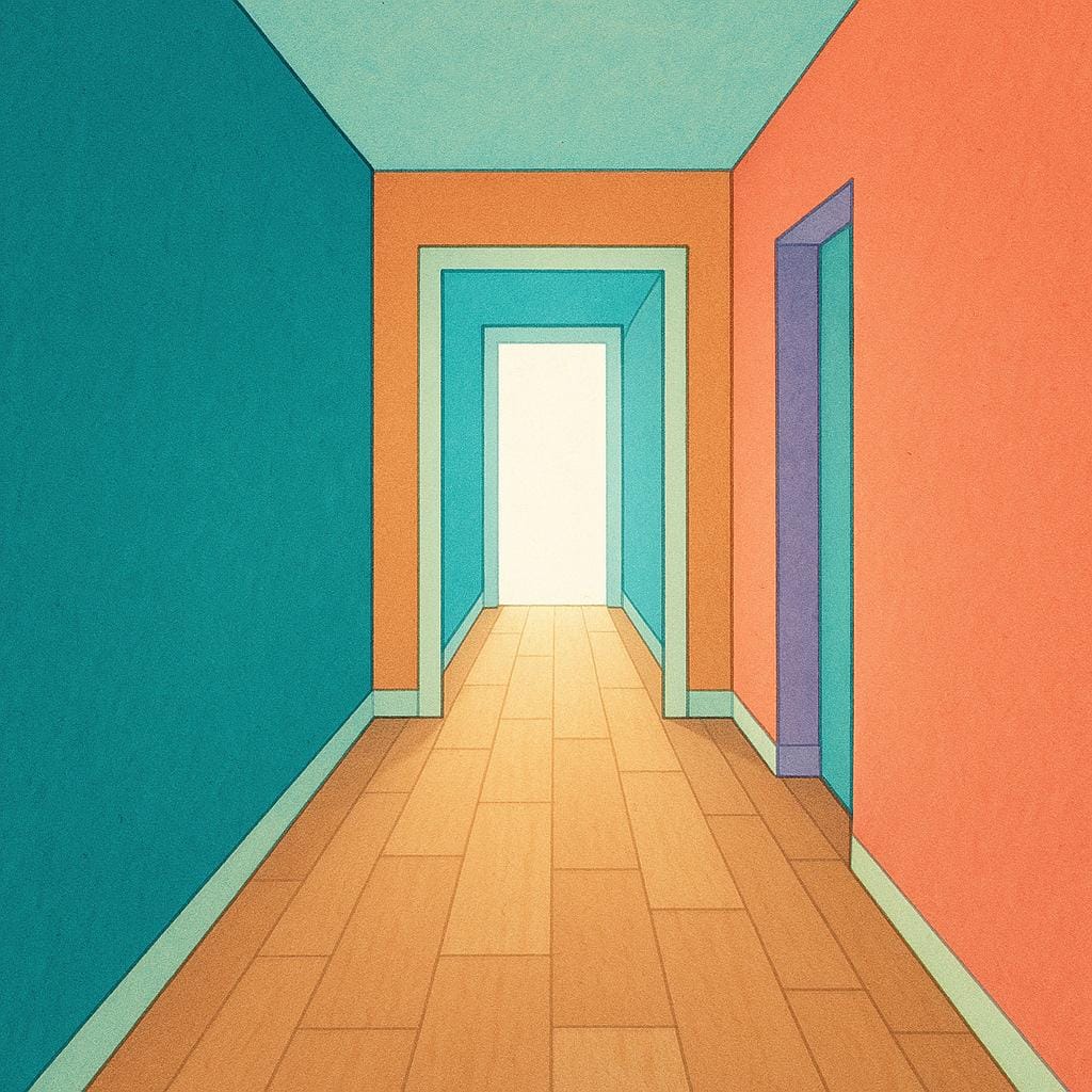 A view down a long, narrow, empty corridor with colorful walls, illustrating a passageway.