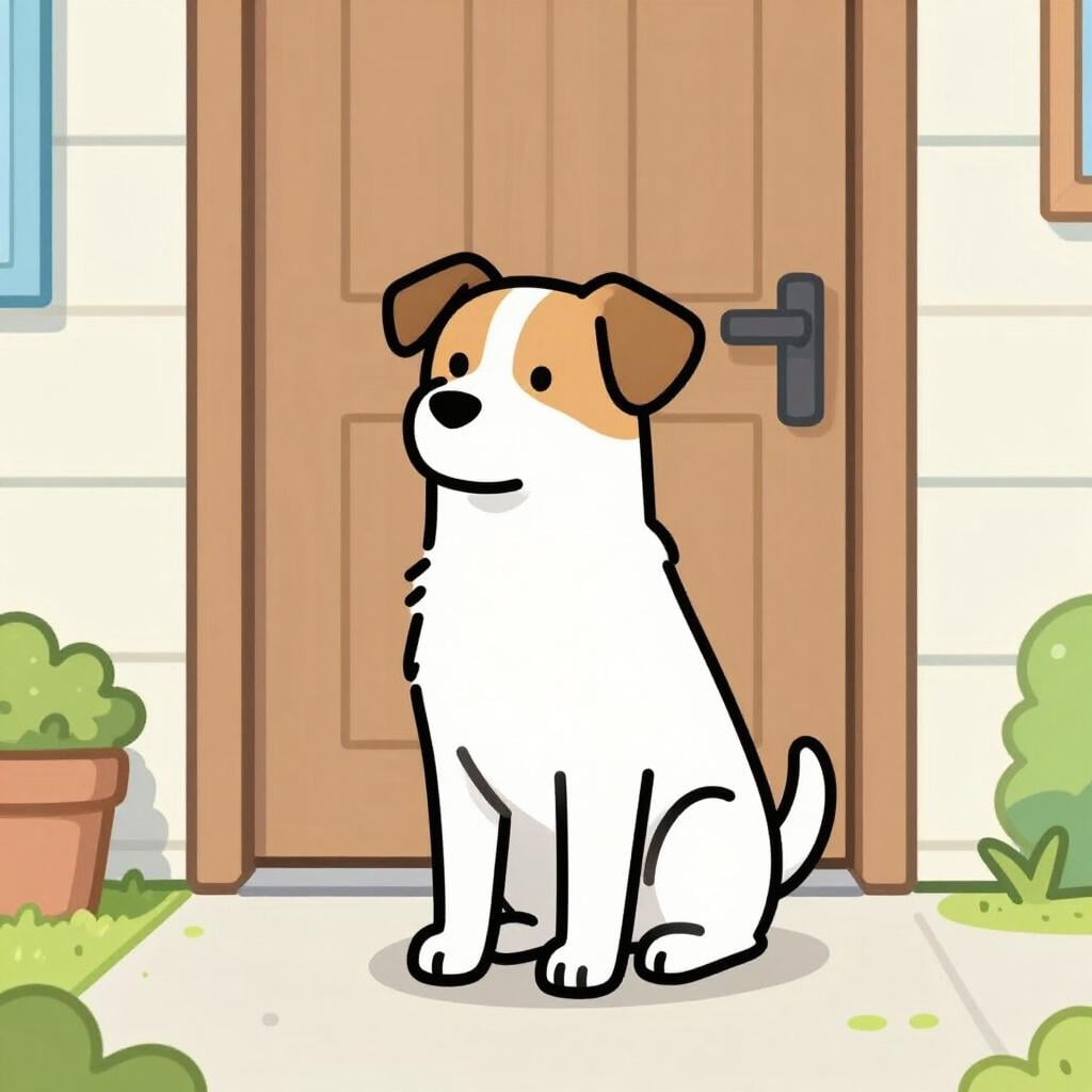 A loyal dog sitting alertly in front of a house door, watching over the entrance.