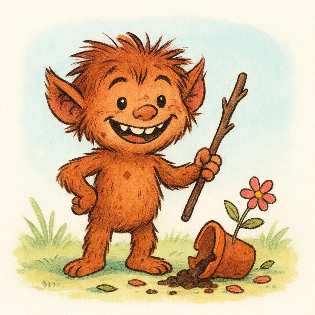 A mischievous-looking small creature is standing with its arms crossed, smirking proudly, next to a pile of scattered toys, representing a troublesome person or menace.