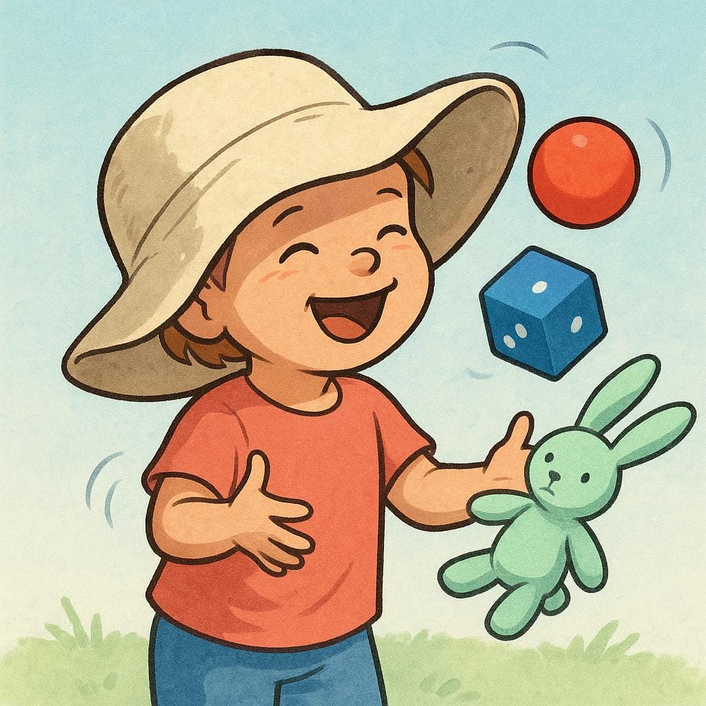 A small child wearing an oversized, floppy hat, giggling while attempting to juggle three brightly colored, mismatched toys, depicting silliness.