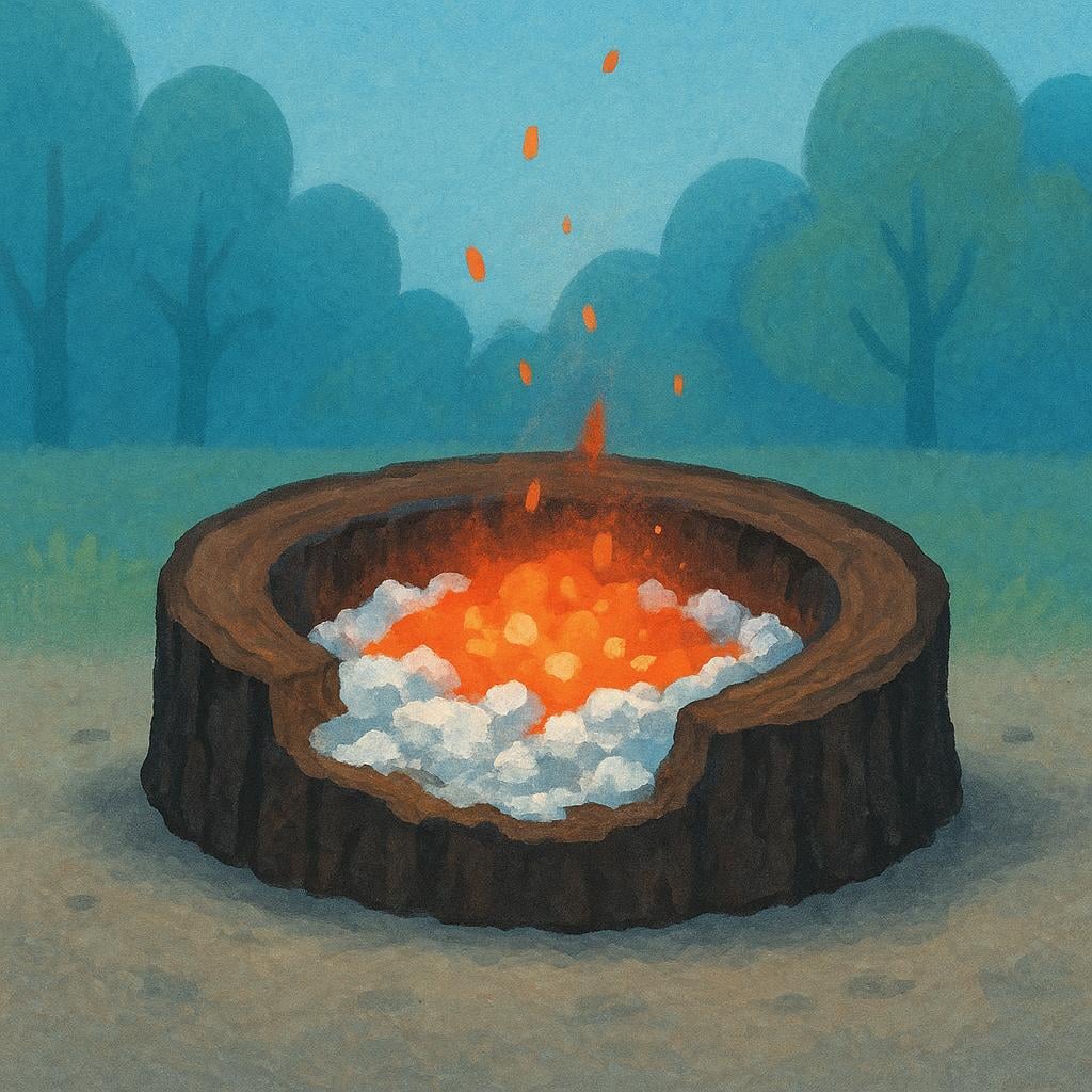 A high quality storybook illustration of a small campfire where a large wooden log is nearly completely burned away, leaving only glowing orange embers and white ash, symbolizing resources used up.