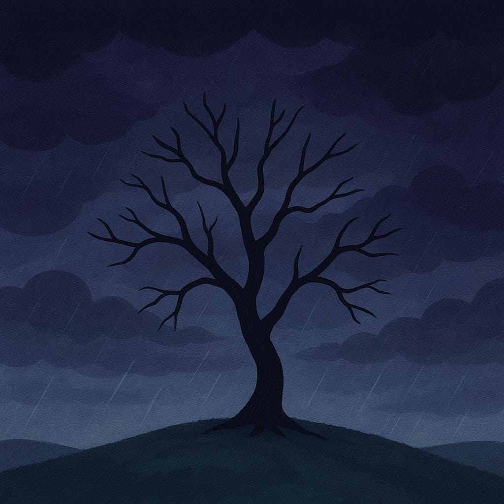A somber, storybook illustration depicting a lonely, crooked tree silhouetted against a dramatic, dark gray and purple stormy sky.
