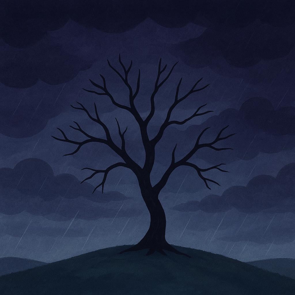 A somber, storybook illustration depicting a lonely, crooked tree silhouetted against a dramatic, dark gray and purple stormy sky.