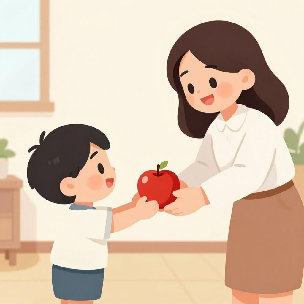 A young student giving a shiny red apple to a smiling teacher.