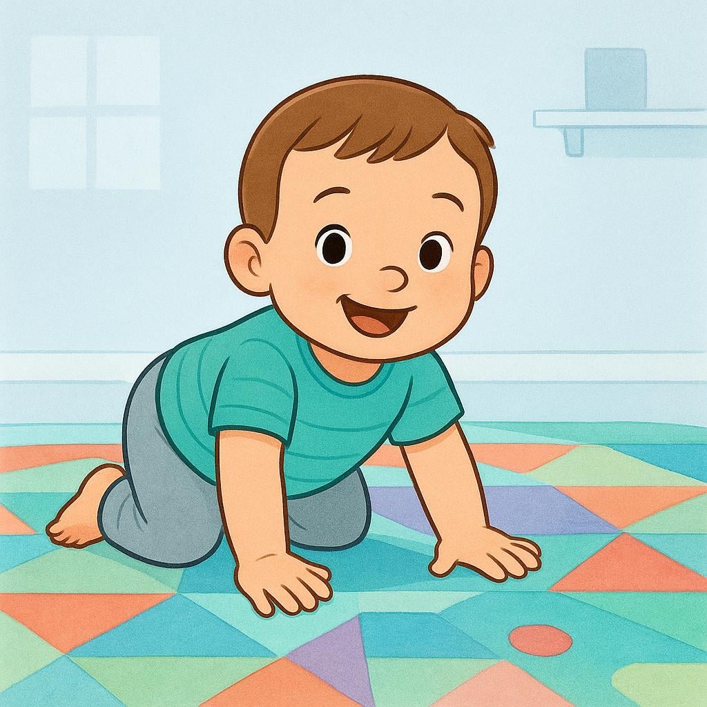 A storybook illustration of a happy toddler boy wearing blue pajamas, crawling on a brightly colored rug.