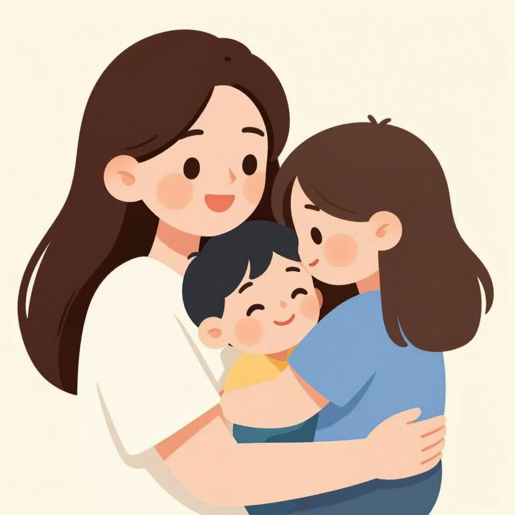 Een jong kind dat een lachende vrouw teder omhelst, wat een moeder-kindrelatie uitbeeldt.
