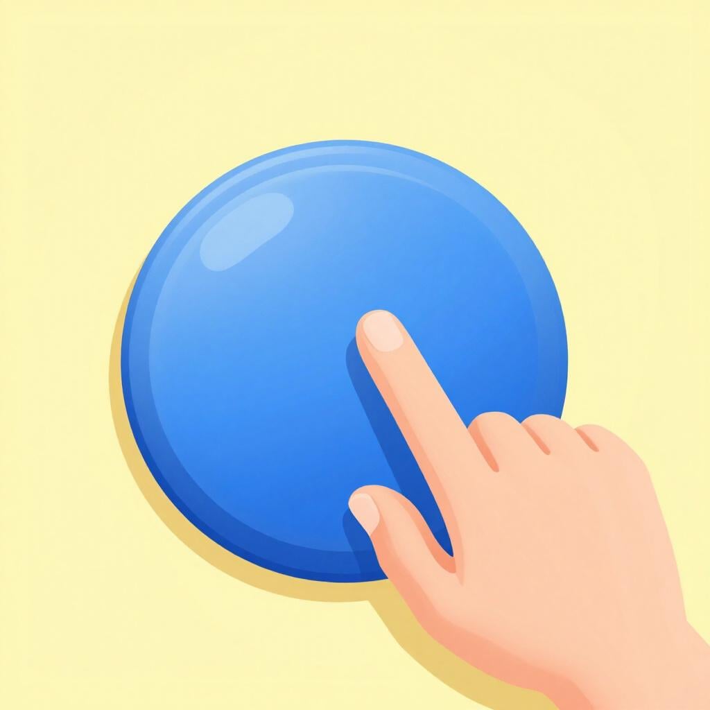 A close-up of a human finger pressing down on a large, bright blue circular button.