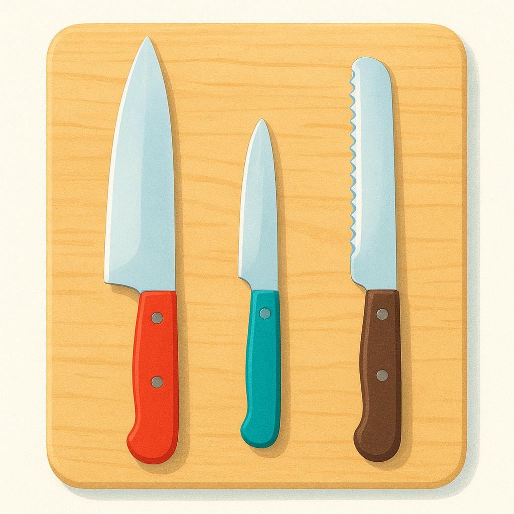 A high-quality illustration showing three distinct kitchen knives resting side-by-side on a wooden cutting board.