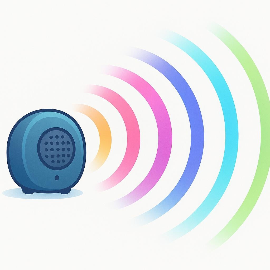 A simple illustration of a small, colorful speaker broadcasting vibrant, curved lines representing sound waves propagating outwards across a flat surface.