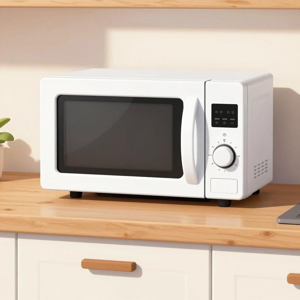 Un four à micro-ondes moderne dans une cuisine, posé sur un plan de travail en bois.