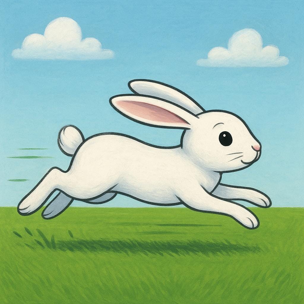 A cartoon rabbit running extremely fast across a green field, leaving faint motion lines behind it, illustrating high speed.