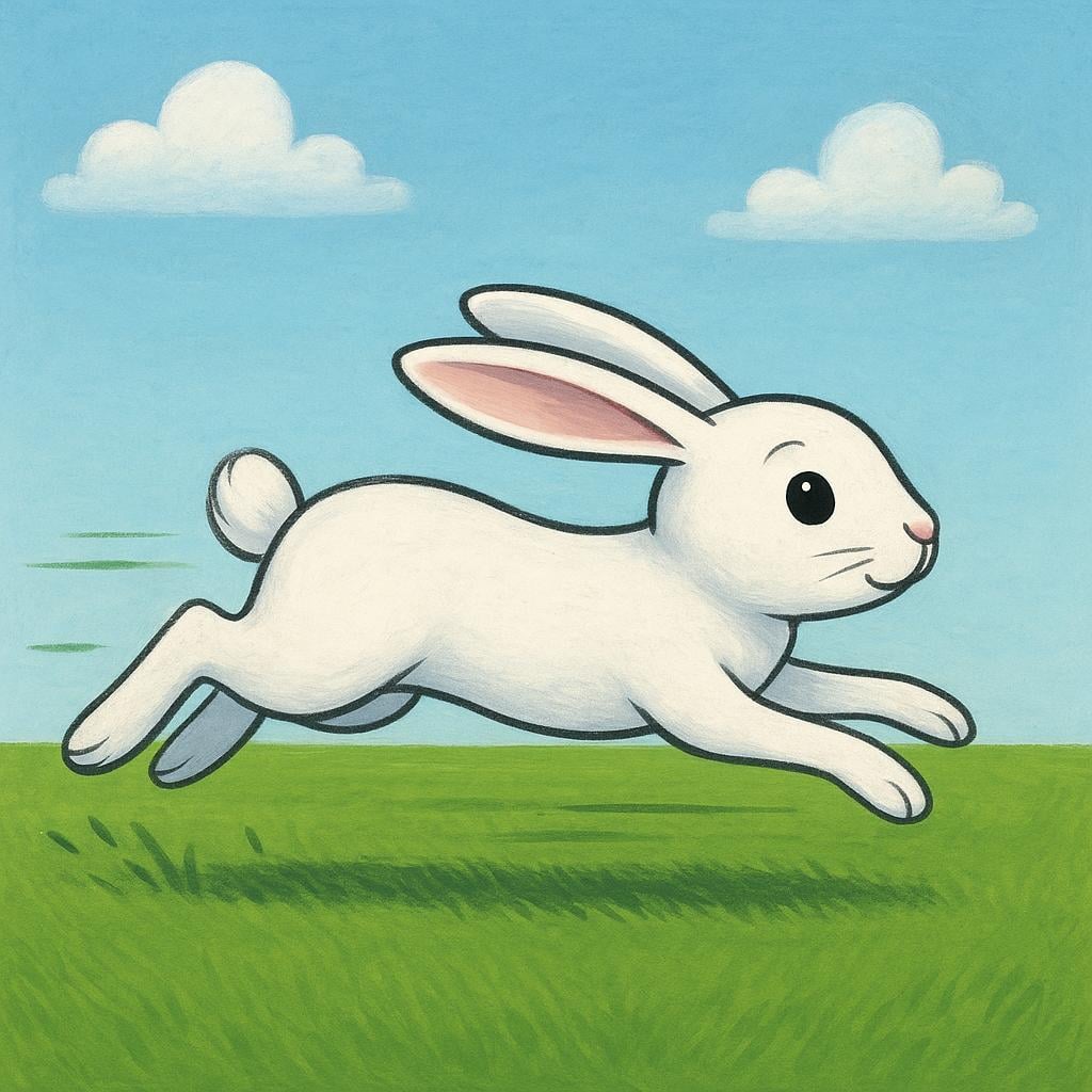 A cartoon rabbit running extremely fast across a green field, leaving faint motion lines behind it, illustrating high speed.