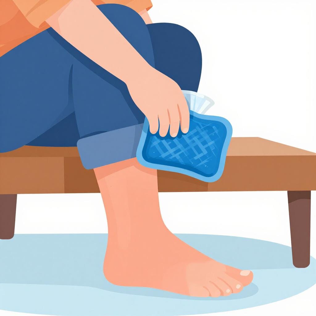 A person sitting down holding their swollen ankle with a small ice pack.