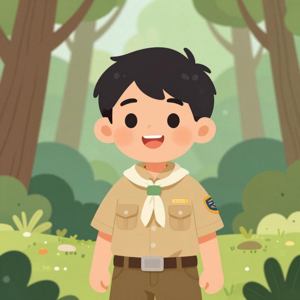 A child in a scout uniform with a scarf and badges standing in a forest clearing.