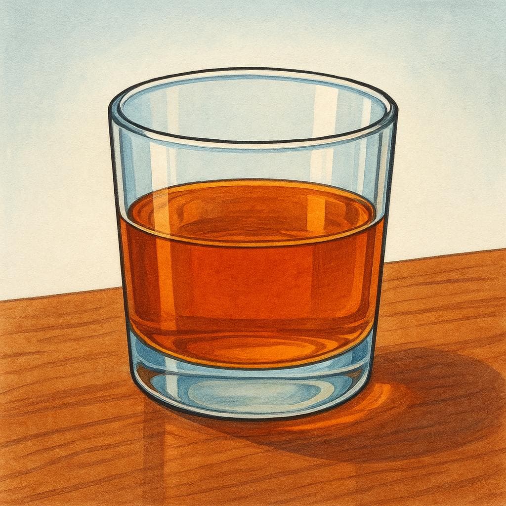 A storybook illustration of a clear glass tumbler containing golden-brown rum.