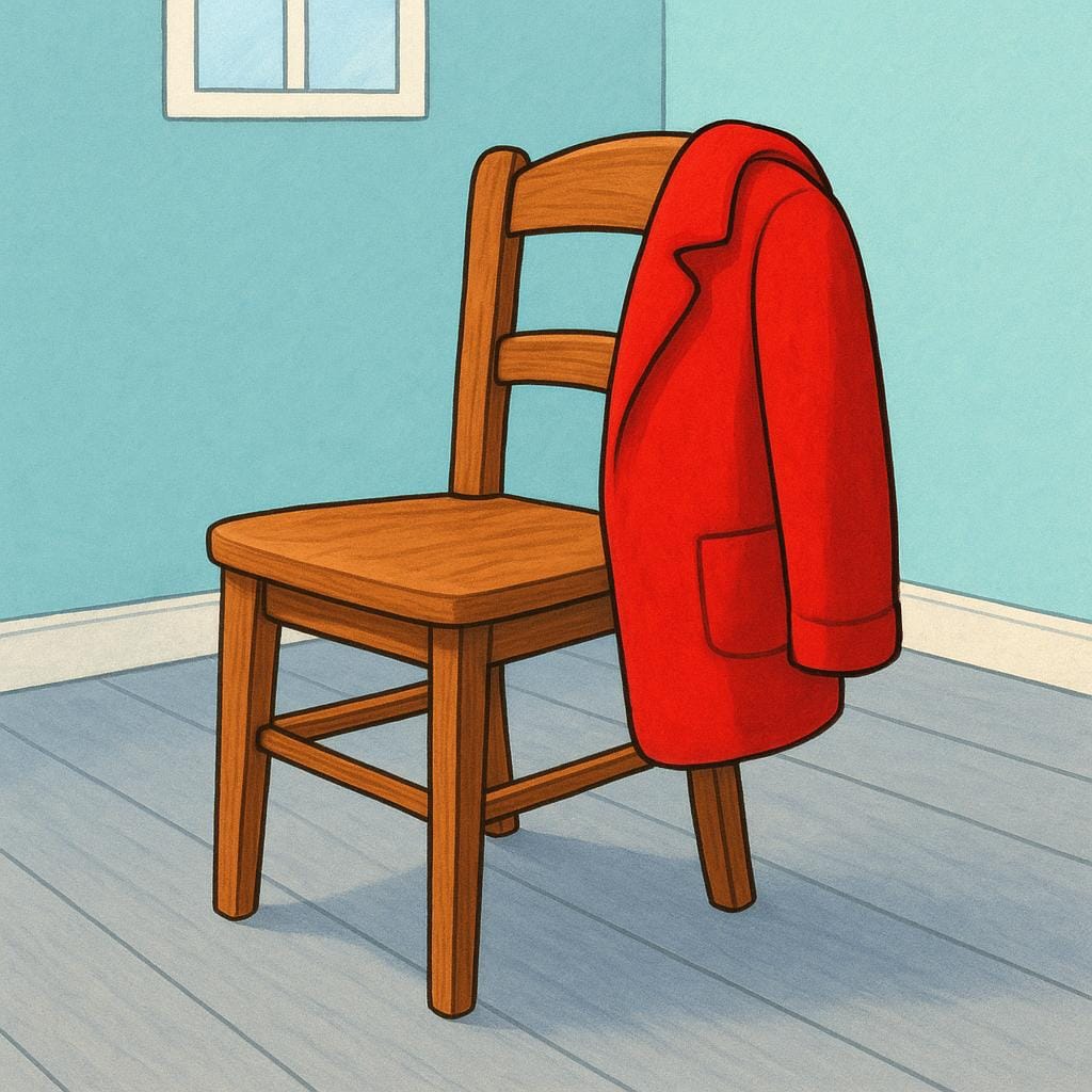 A wooden chair with a red coat draped over it to show it is occupied.