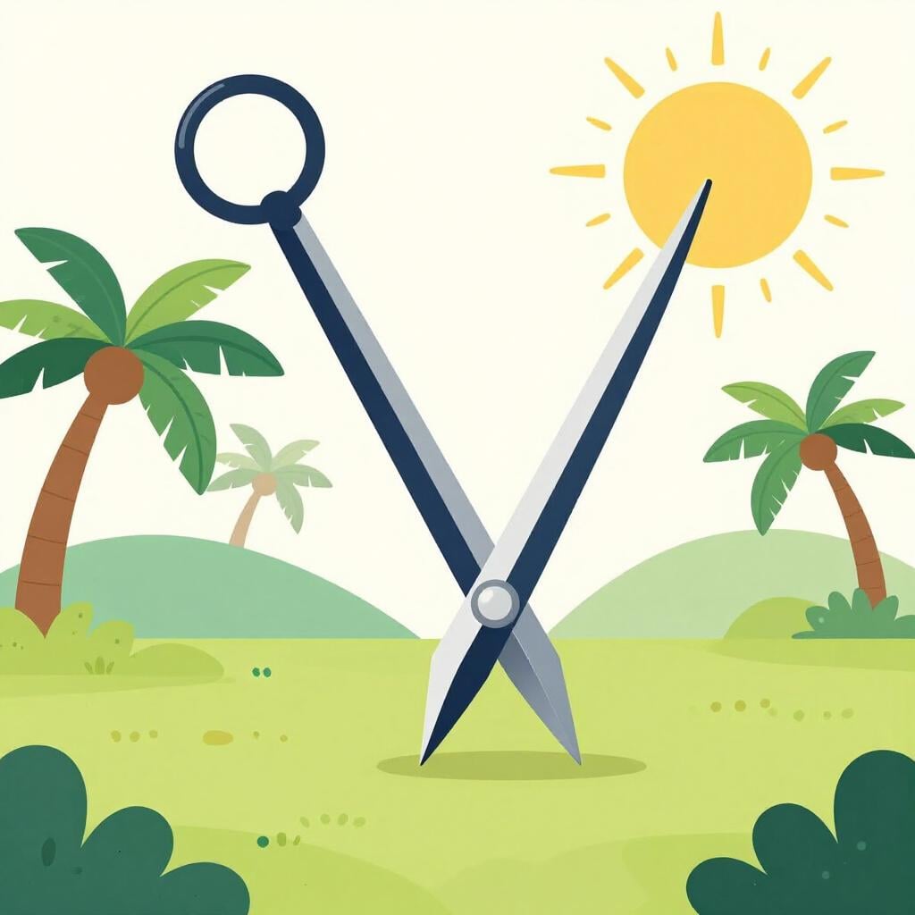 A simple compass needle pointing towards a warm landscape at the bottom of the frame.