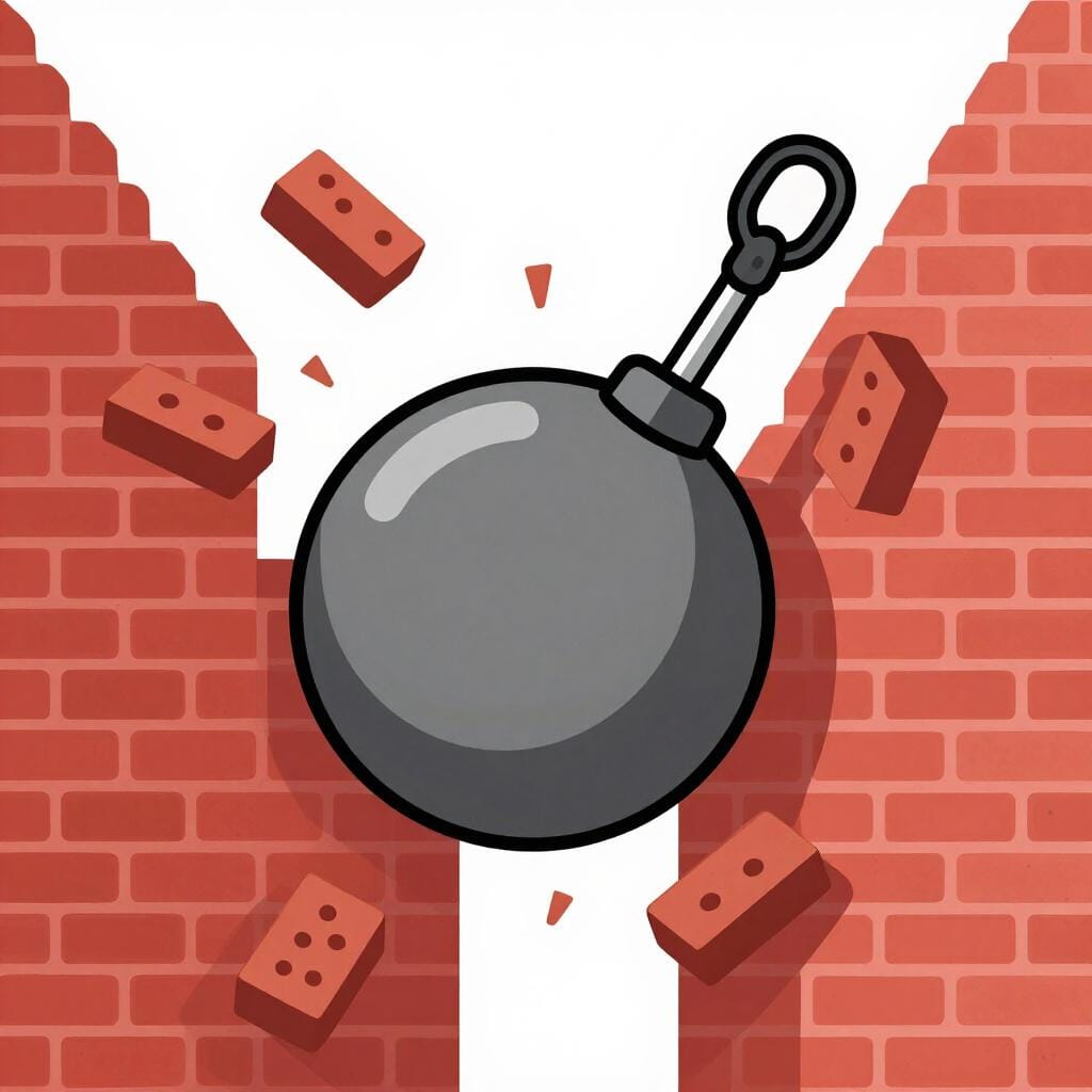A heavy wrecking ball smashing through a tall brick wall.