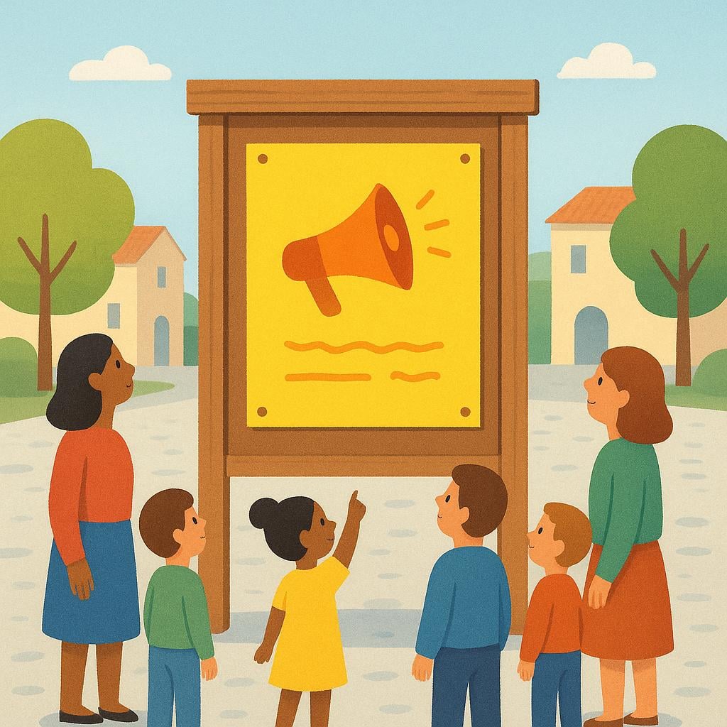 A bright yellow announcement poster displayed prominently on a wooden bulletin board in a sunny town square. Several small, simple figures are standing around the bulletin board looking up at the poster.