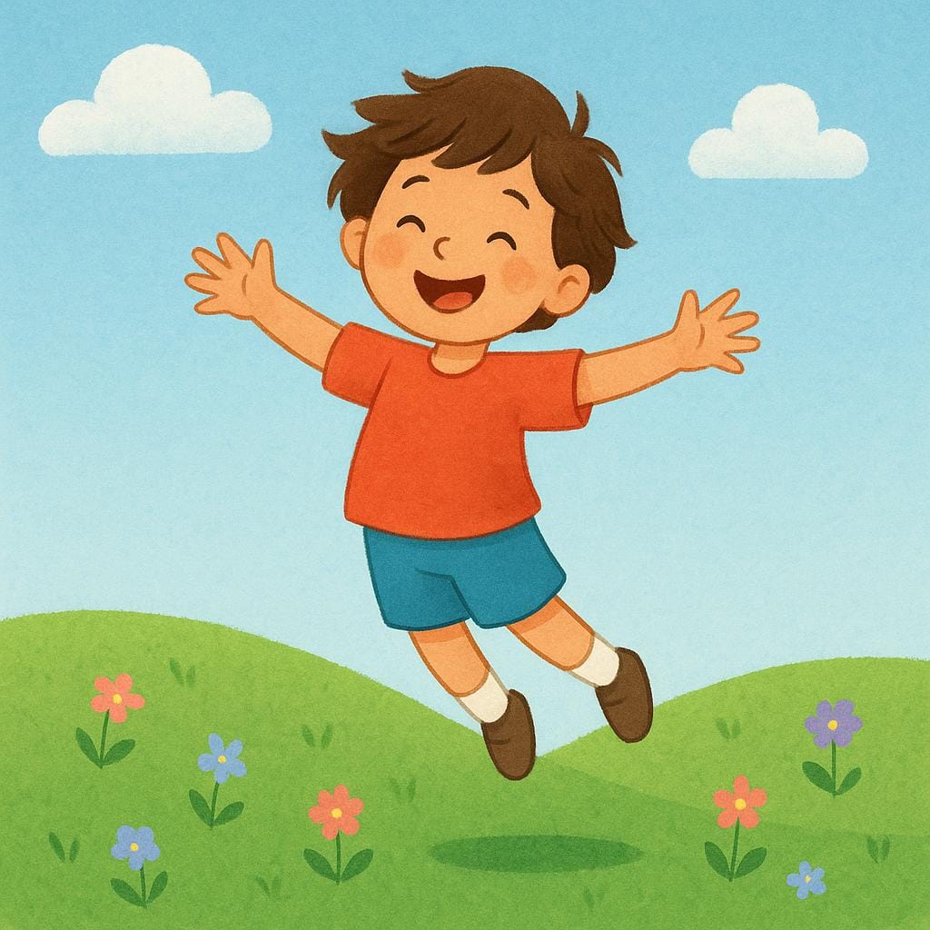 A cheerful child floating effortlessly in the air above a green field, demonstrating the power of flight.