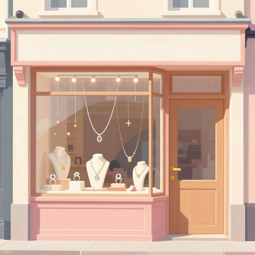 A colorful storefront with large glass windows displaying sparkling necklaces and rings on velvet stands.