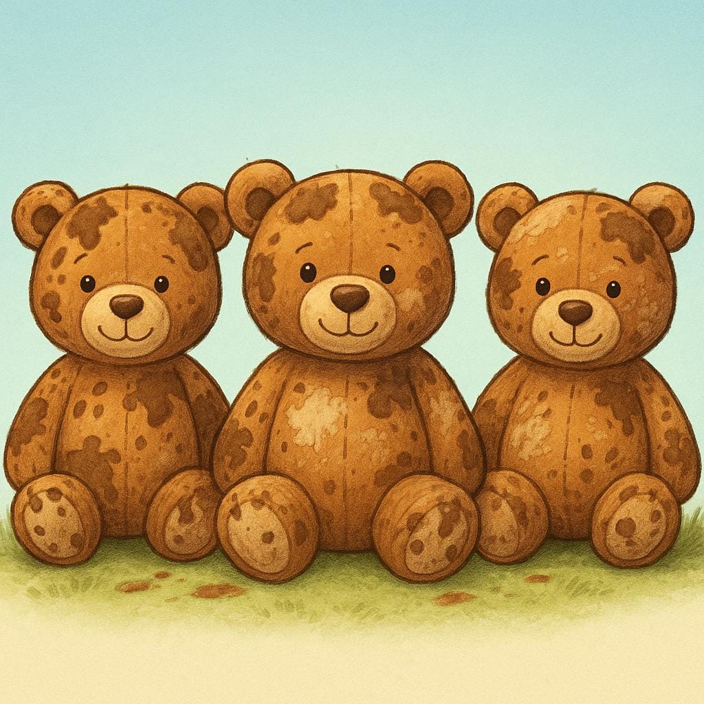 A group of three identical plush teddy bears, all visibly covered in brown mud and dust, sitting together.