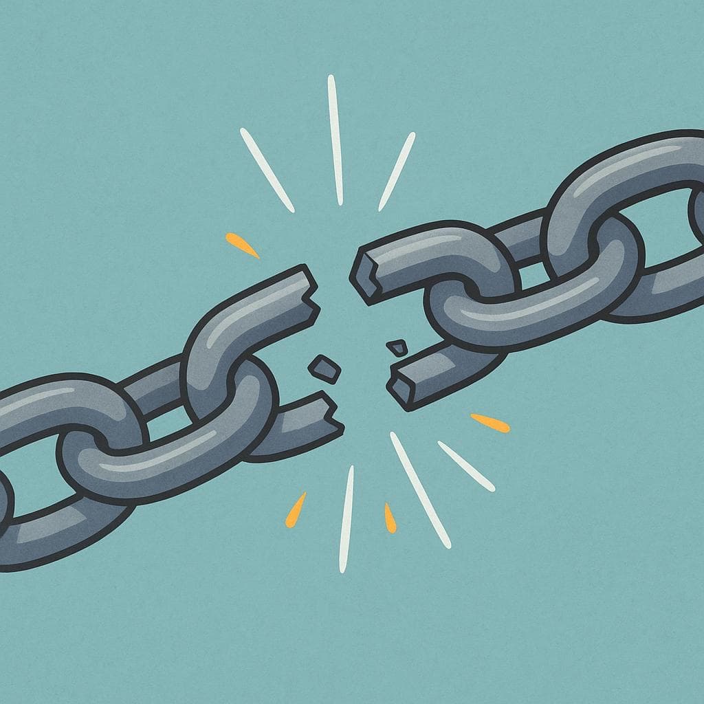 Une chaîne métallique épaisse et lourde se brisant en deux morceaux, symbolisant une violation grave et la rupture de la confiance ou de la sécurité.